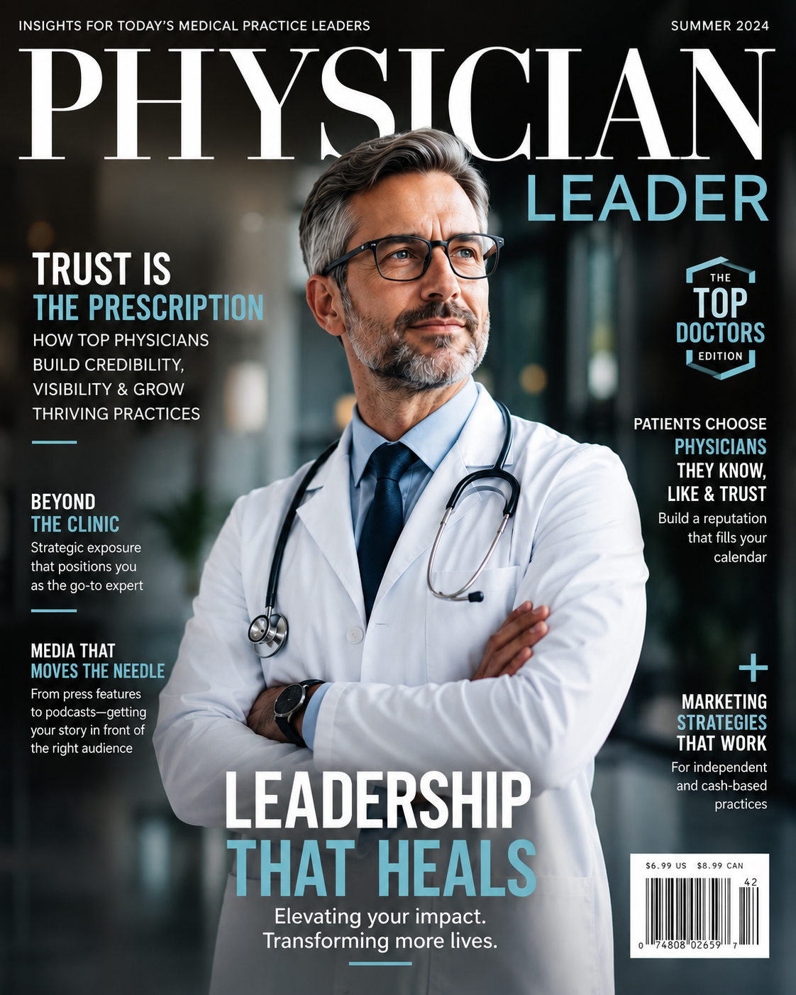 PHYSICIAN LEADER magazine cover featuring a physician in a white lab coat
