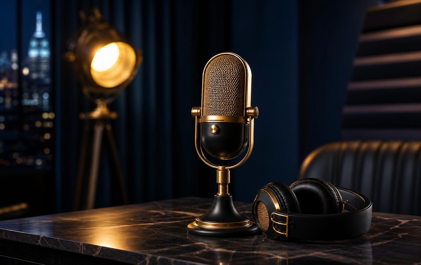 A broadcast microphone in a navy recording studio with warm gold lighting