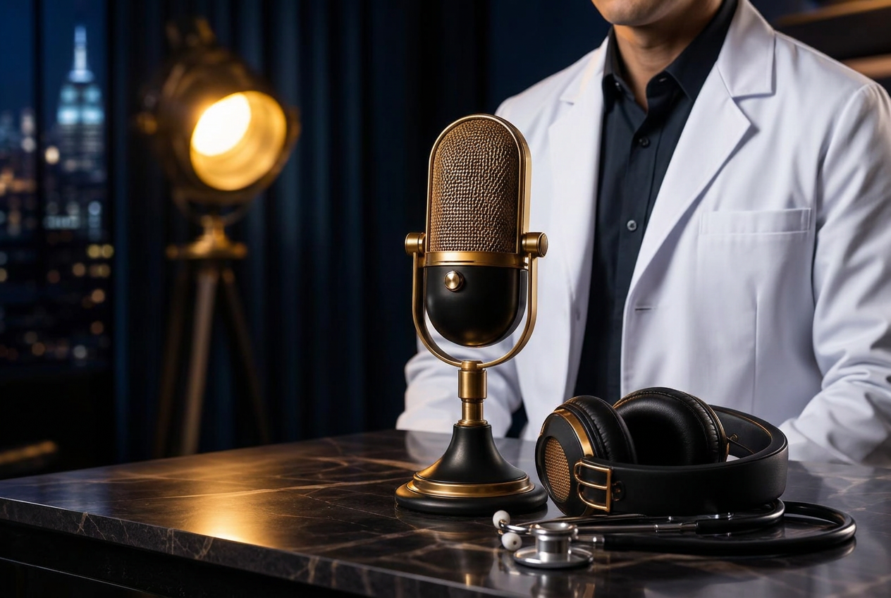 A broadcast microphone in a navy recording studio with warm gold lighting