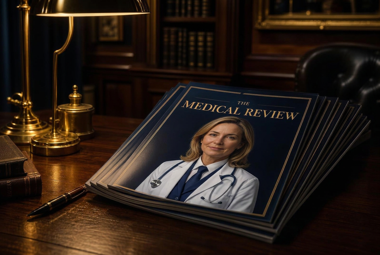 A stack of The Medical Review magazines with a physician cover portrait on a walnut desk