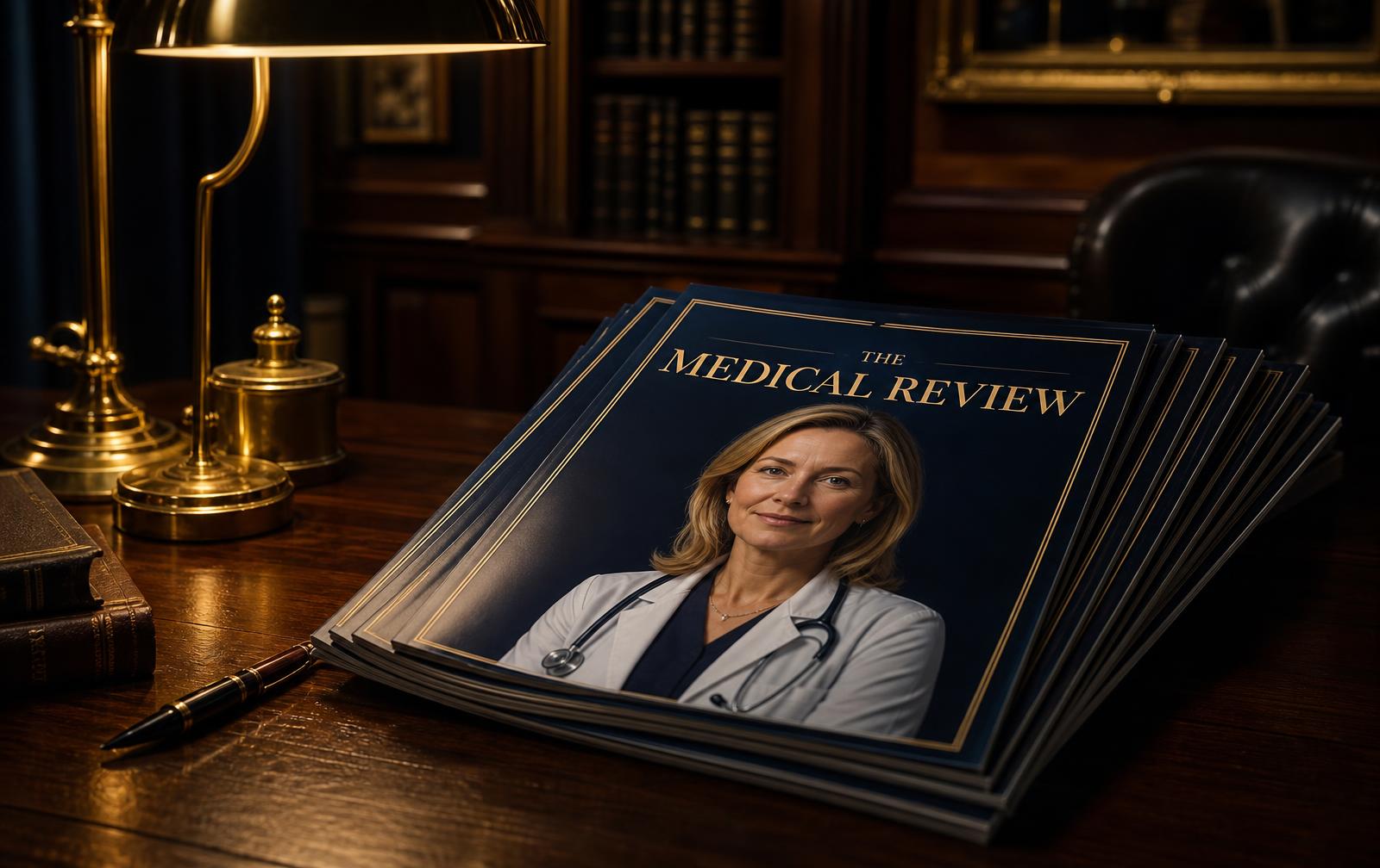 A stack of The Medical Review magazines with a physician cover portrait on a walnut desk
