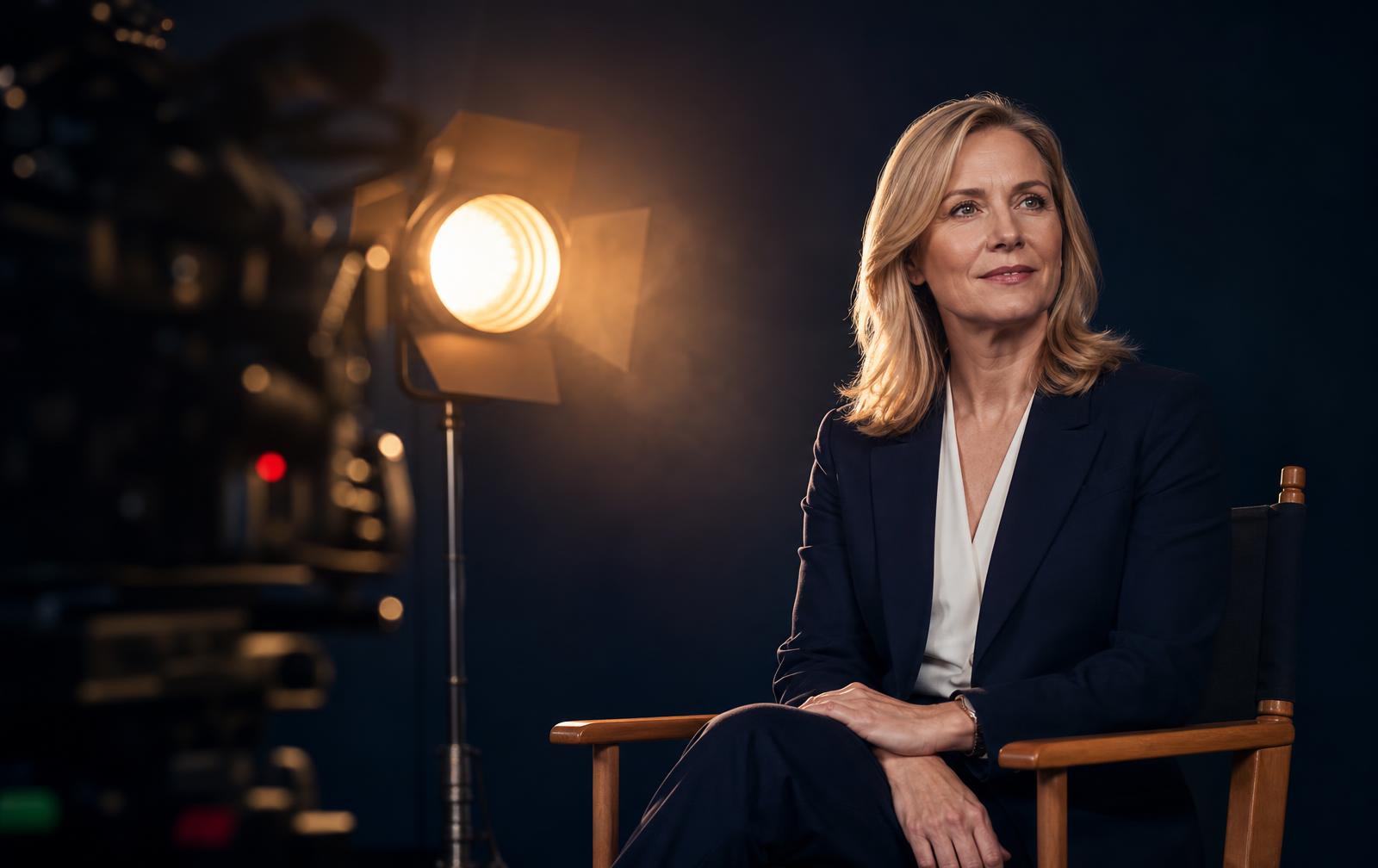 A physician in a navy suit seated for a broadcast interview under warm studio lights